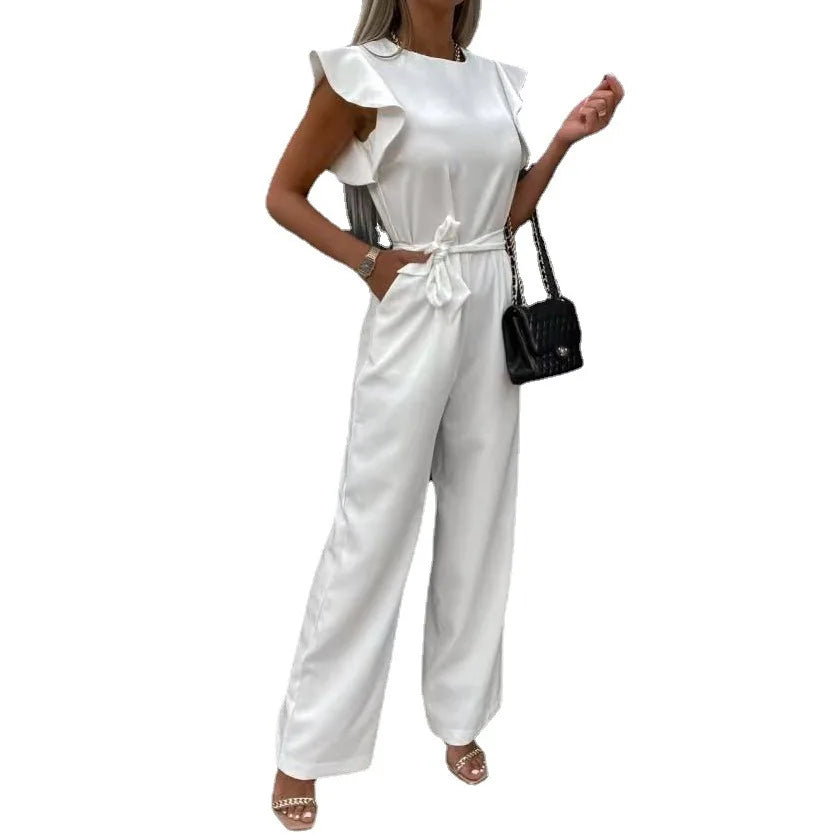 Elegant Lace Up High Waist Jumpsuit for Women with Straight Leg and Ruffle Edge Sleeves in Solid Color