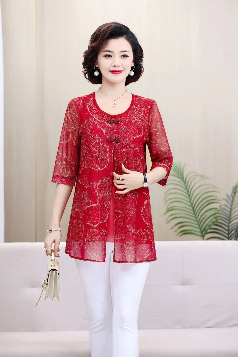 Vintage Floral Print Chiffon Half Sleeve T-Shirt with Spliced Fake Two-Piece Design and Round Neck Casual Summer Top for Women