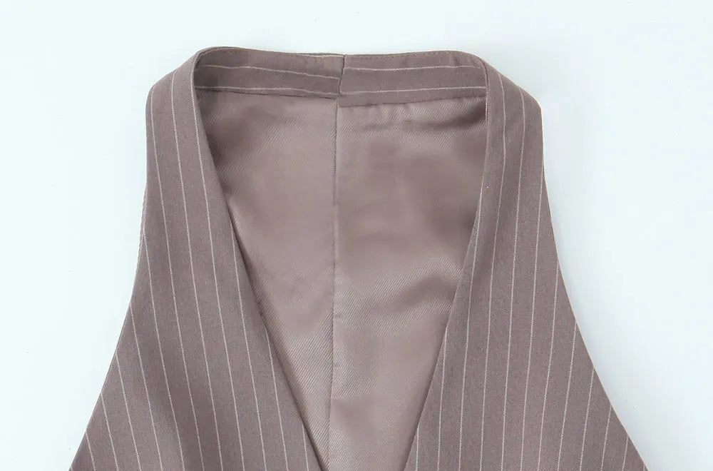 Women's Fashion Striped Two-Piece Set with Belted Waistcoat Top and Low Waist Pocketed Pants