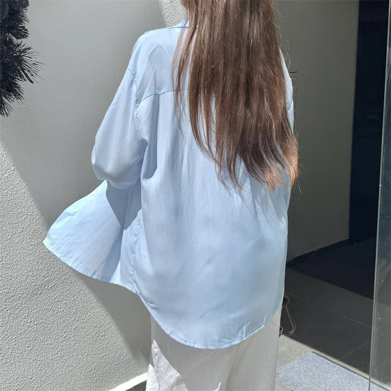 Silky Oversize Button Down Shirt for Women Long Sleeve Boyfriend Blouse Lightweight Summer Cover Up Casual Teen Girl Outfit