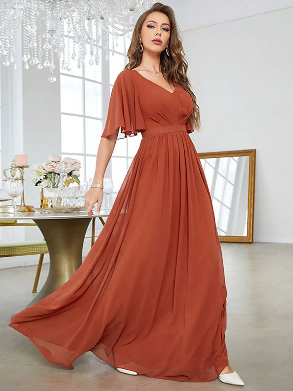 V Neck Flared Short Sleeve Lightweight Chiffon Dress