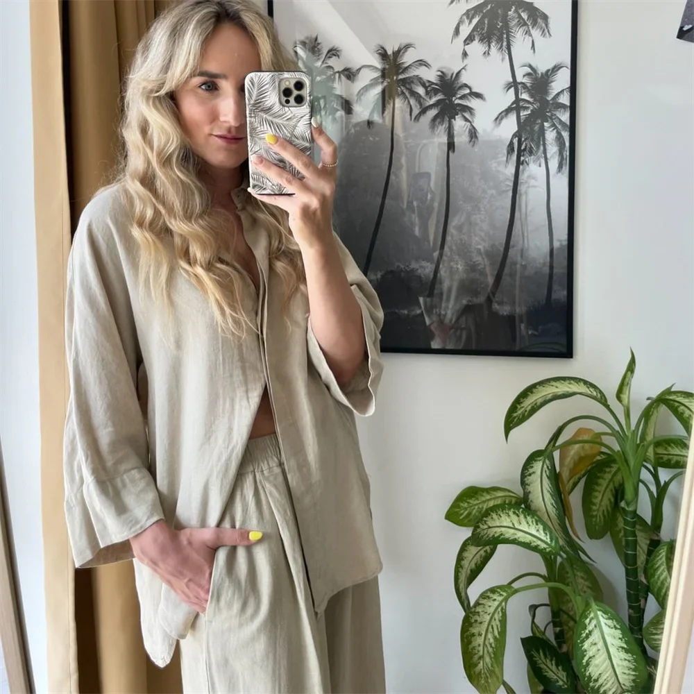 Women's Casual Linen Blended Wide Sleeve Shirt and Straight Leg Pants Set