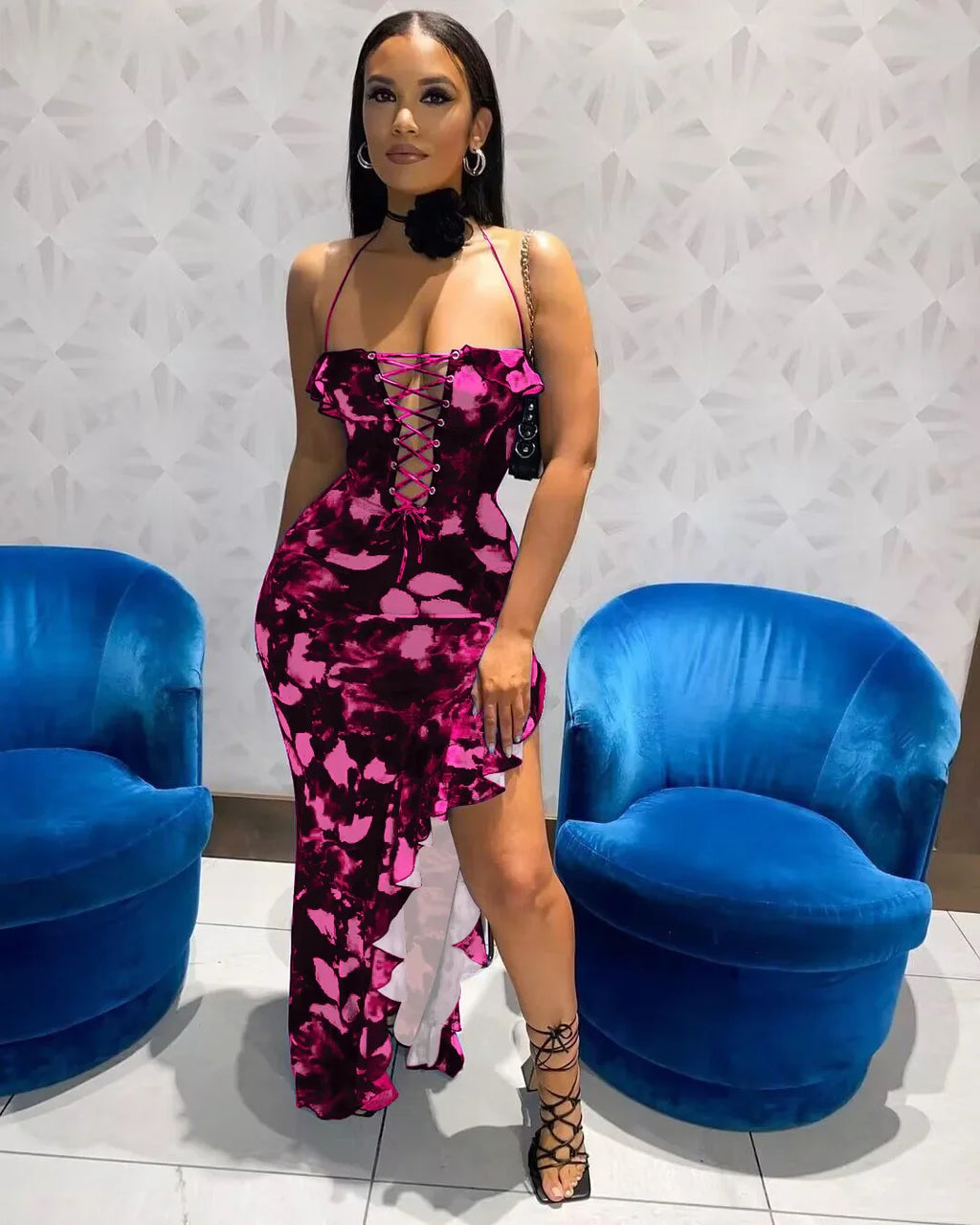 Tie Dye Midi Dress With Lace Up Side Slit Bodycon Ruffles