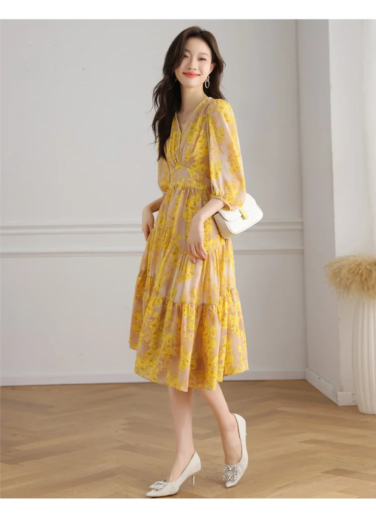 Floral Chiffon Dress For Women V Neck A Line Dress