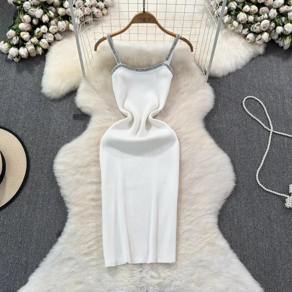 Knit Bodycon Mini Dress With Shimmer Straps For Women