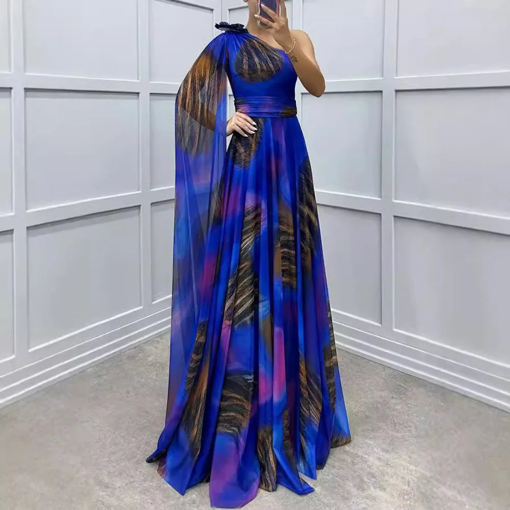 One Shoulder Chiffon Printed Dress Casual Party Wear
