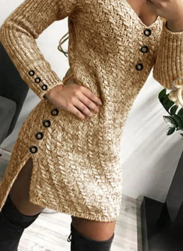 V Neck Knitted Dress Slim Fit Autumn Winter Solid Color