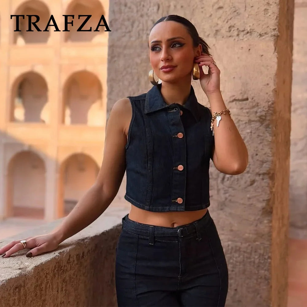 Chic Vintage Denim Women Suit Set Sleeveless Single Breasted Vest with Stylish Sash and Flare Pants Spring Summer Streetwear