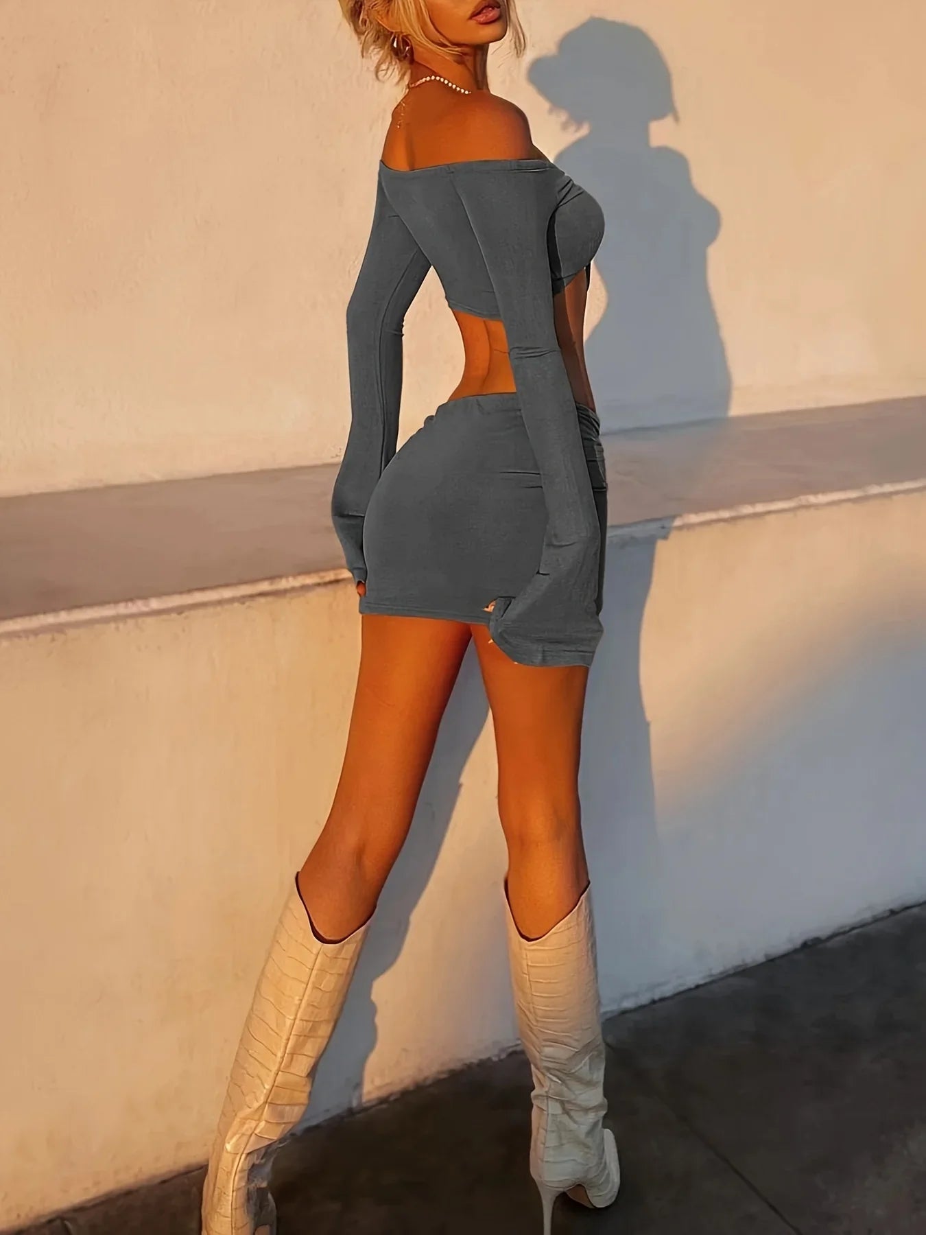 Women's Autumn Winter Long Sleeve Crop Top and Mini Skirt Two-Piece Matching Set Stylish Seasonal Outfit