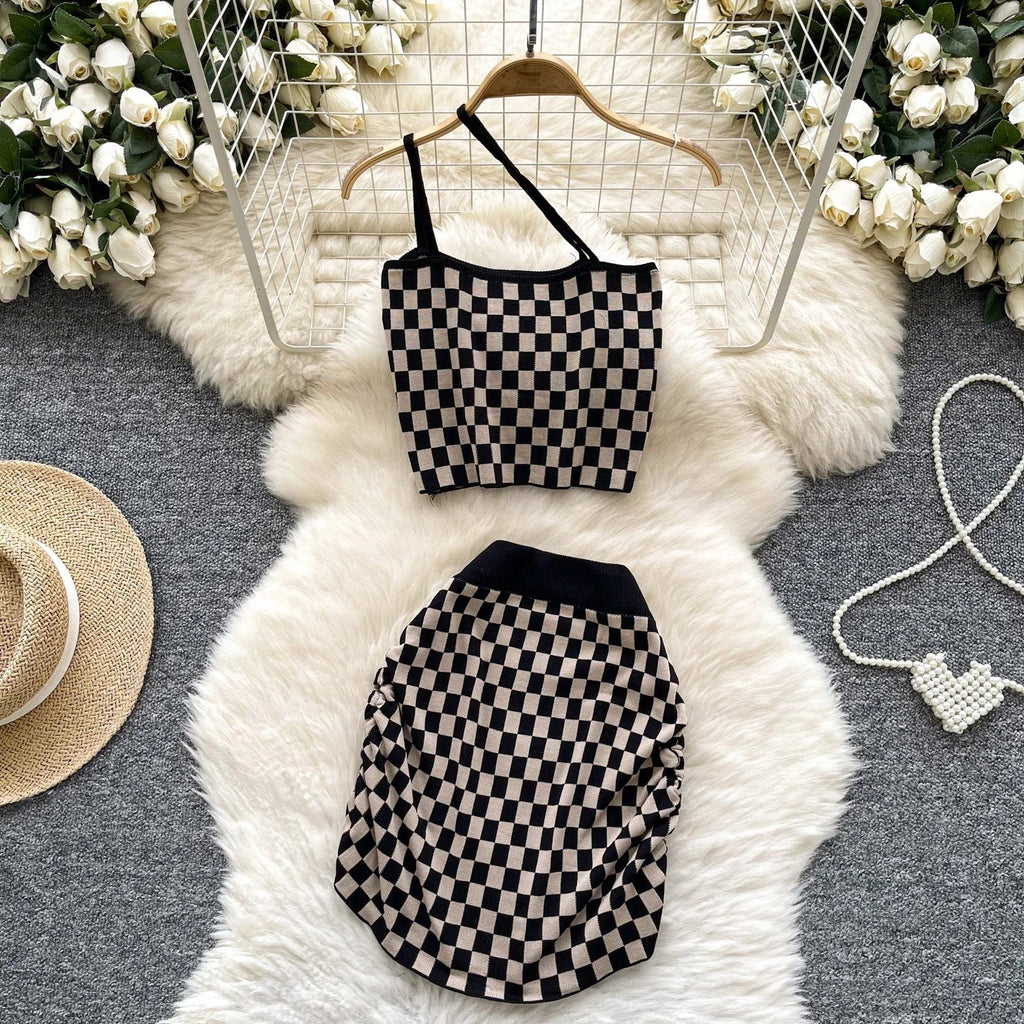 Women's Plaid Strapless Mini Top and High Waist Bodycon Skirt Set Casual Knitted Two-Piece Outfit