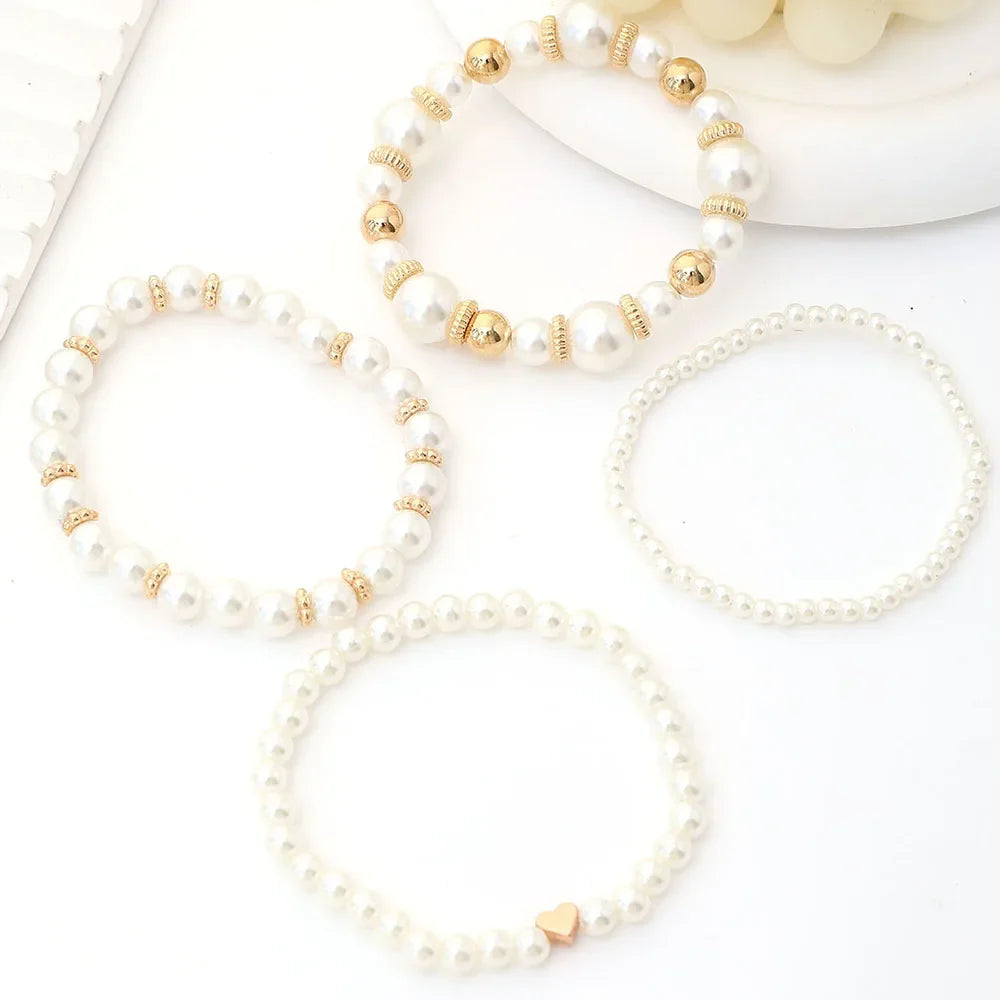 4pcs Set Elegant Handmade White Faux Pearl Beaded Heart Bracelets for Fashion Accessories and Gifts