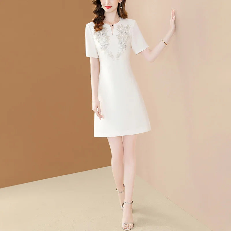 White Floral Embroidery A-Line Dress Short Sleeve Chic