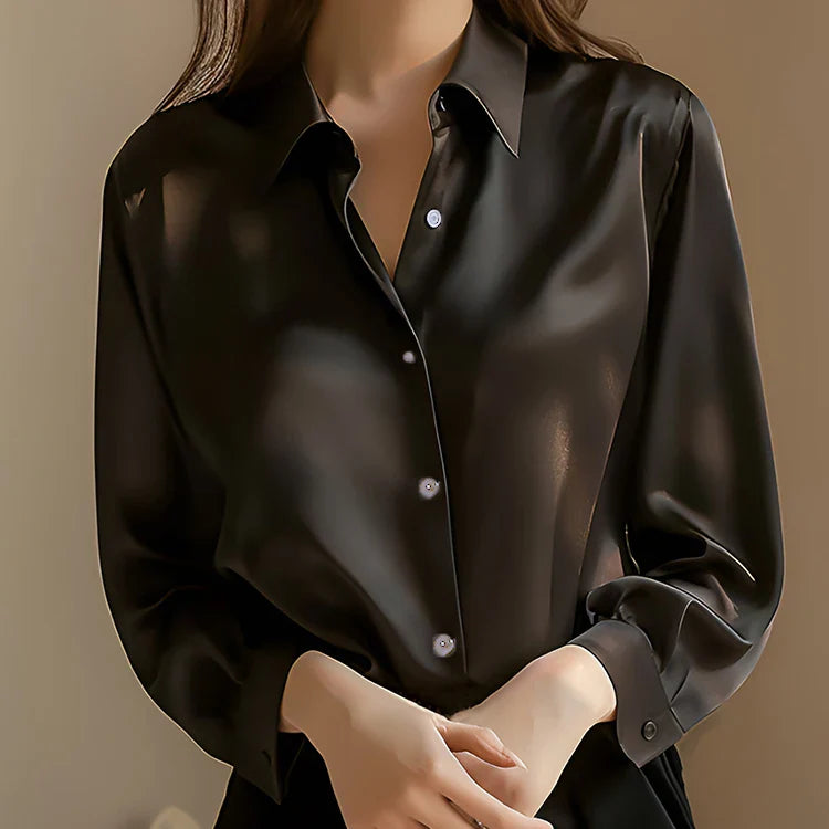 Elegant Satin Long Sleeve Shirt for Women Slim Fit Casual Office Blouse with Transparent Buttons