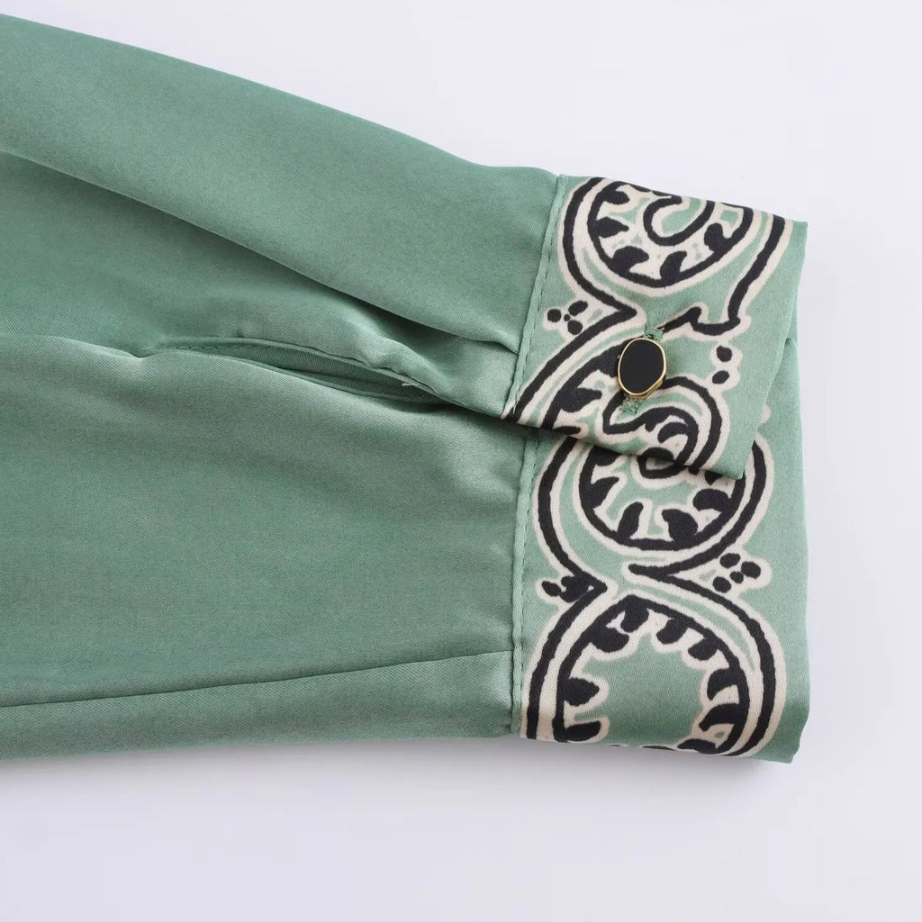 Loose Fit Long Sleeve Silk Satin Printed Shirt and Pants Set for Women