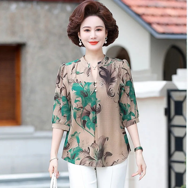 Summer Vintage Floral Blouse for Women Single-Breasted Round Neck Half Sleeve Casual Shirt with Broken Flower Print