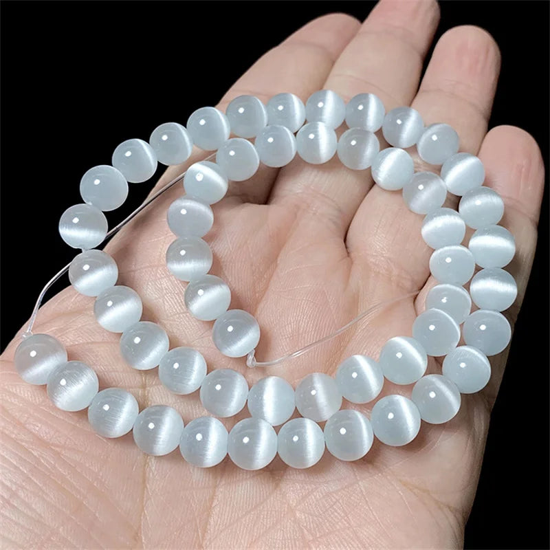 Natural Moonstone Beads White Cat Eye Round Loose Beads for Jewelry Making DIY Bracelet 15 Inch Strand