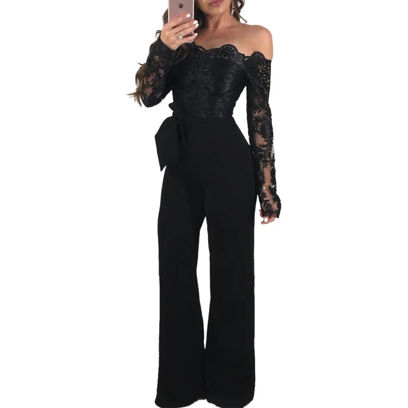 Appliques Lace Patchwork Off Shoulder Jumpsuit for Women with Slash Neck Long Sleeve and Elegant Wide Leg Pants Party Overalls