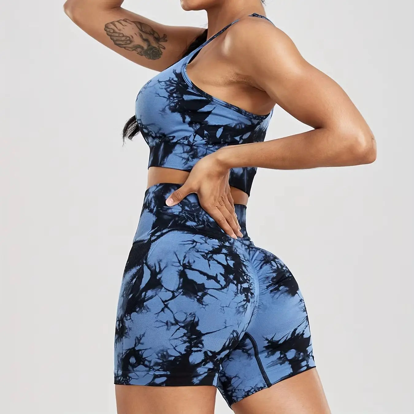 2-Piece Women Tie-Dye Sports Shorts and Crop Top Set Breathable Athletic Workout Gym Outfit Perfect for Yoga Fitness and Biking