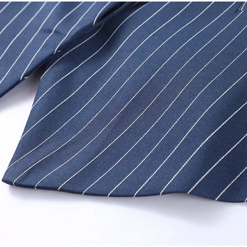 Women's Street Striped Blazer and Skirt Set Slim V-Neck Single Breasted Coat with Ribbon Accent Hip-Hugging Package Skirt Chic Spring Summer Outfit