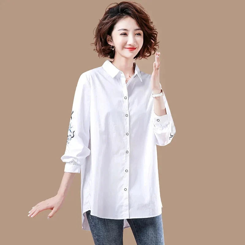Vintage Embroidered White Cotton Button Up Shirt Comfortable Casual Long Sleeve Loose Fit Blouse for Women