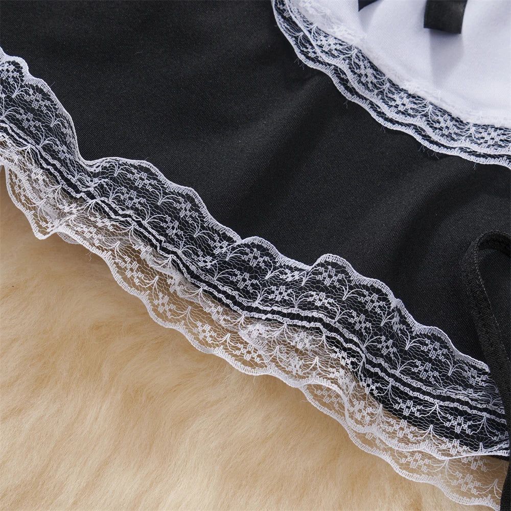 Sexy Maid Cosplay Uniform Lingerie Set with V-Neck Crop Top and Elastic Waist A-Line Mini Skirt Women's Intimate Costume