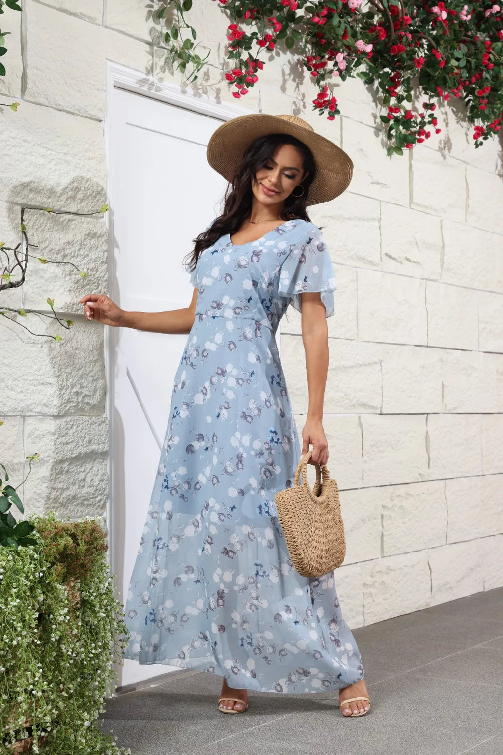 V Neck Floral Chiffon Maxi Dress With Ruffle Short Sleeves