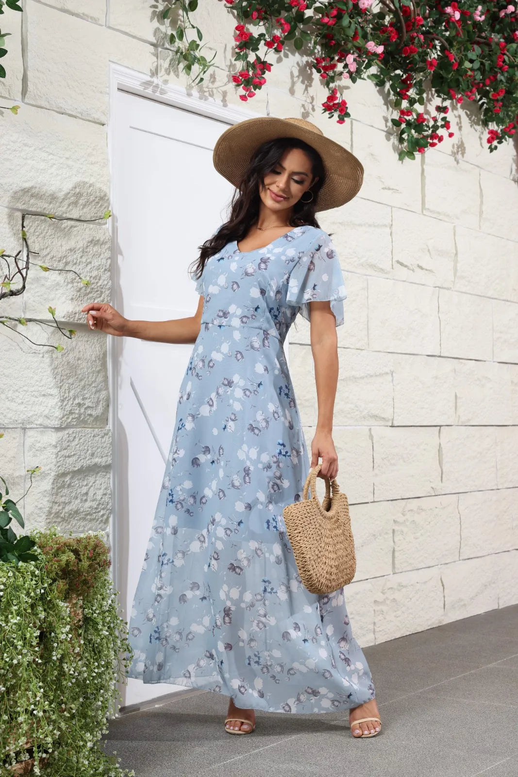 V Neck Floral Chiffon Maxi Dress With Ruffle Short Sleeves