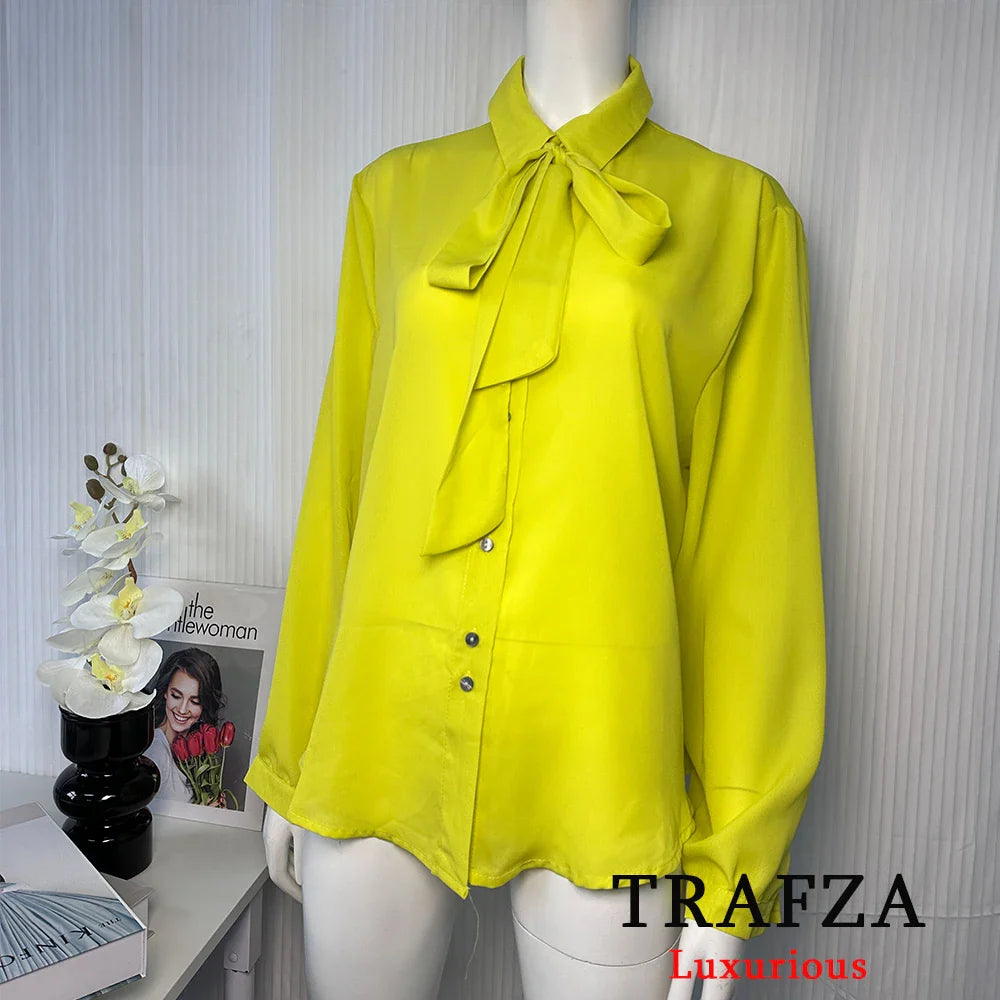 Yellow Chiffon Loose Fit Long Sleeve Shirt for Women with Bow Tie and Button Detail Casual Office Blouse