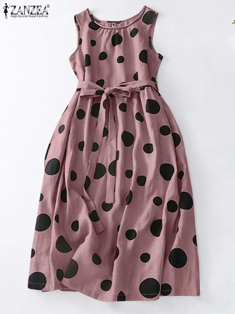 Polka Dot Kaftan Dress For Women Belted Waist Sleeveless