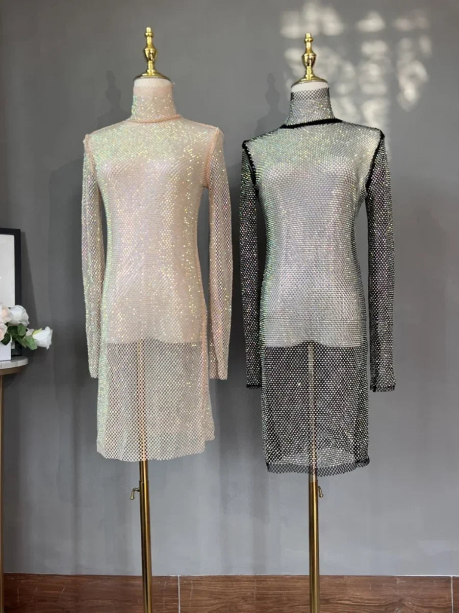 Rhinestone High Neck Glitter Party Dress Mid Length