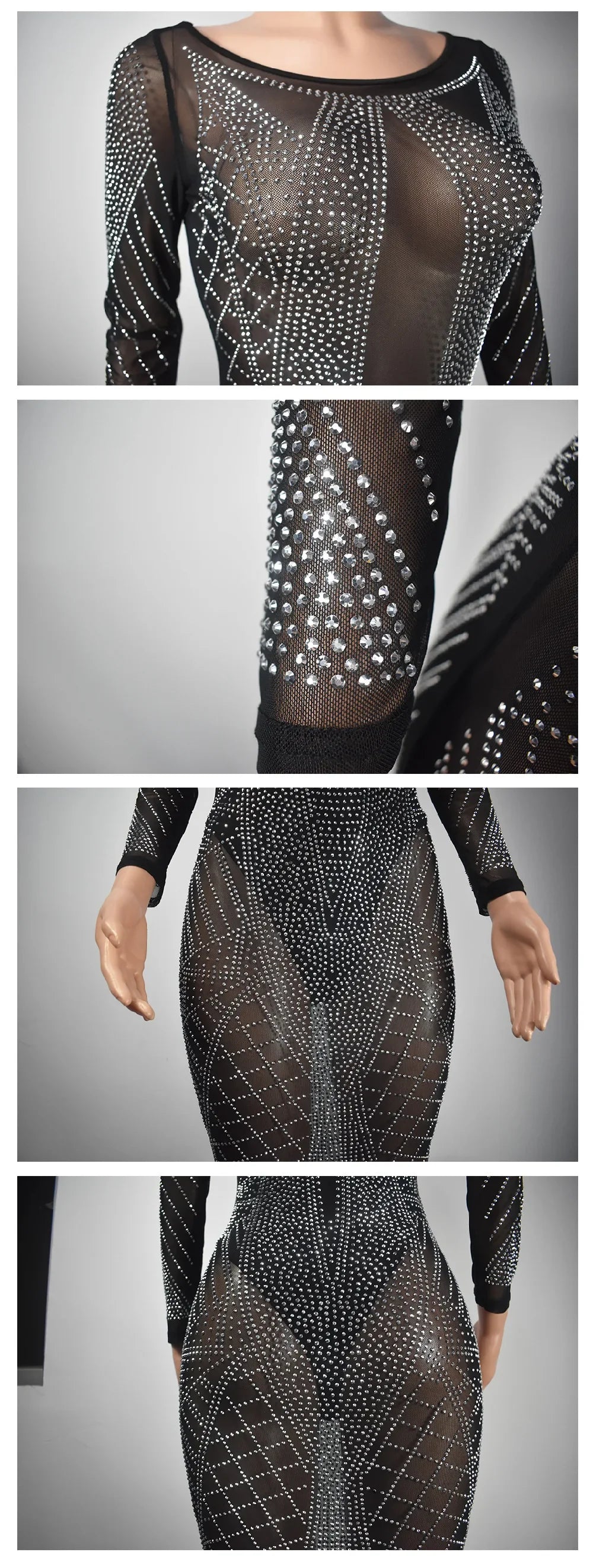 Sexy Mesh Diamond Embellished Maxi Dress for Evening Party