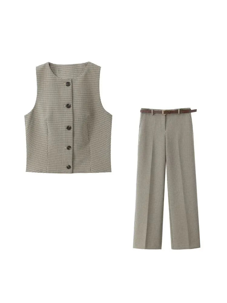 Women's Fashion Button-Up Check Waistcoat With High Waist Belted Straight Pants Two Piece Set