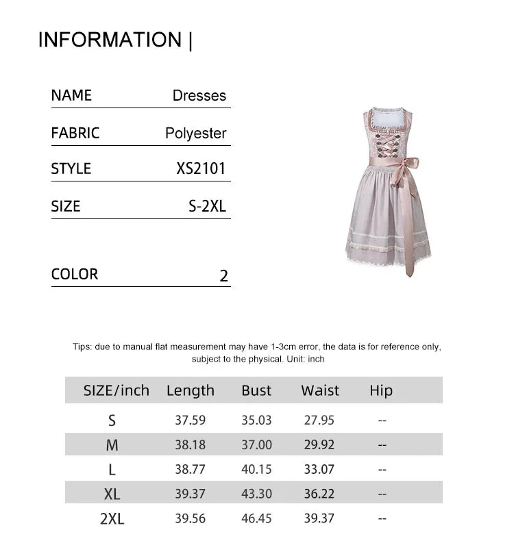 Dirndl Dress Women Midi Apron Oktoberfest Pink Blue