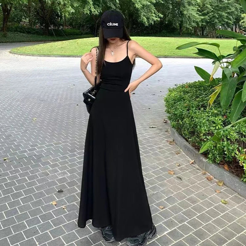 Black Backless Spaghetti Strap Dress Women Elegant Slim