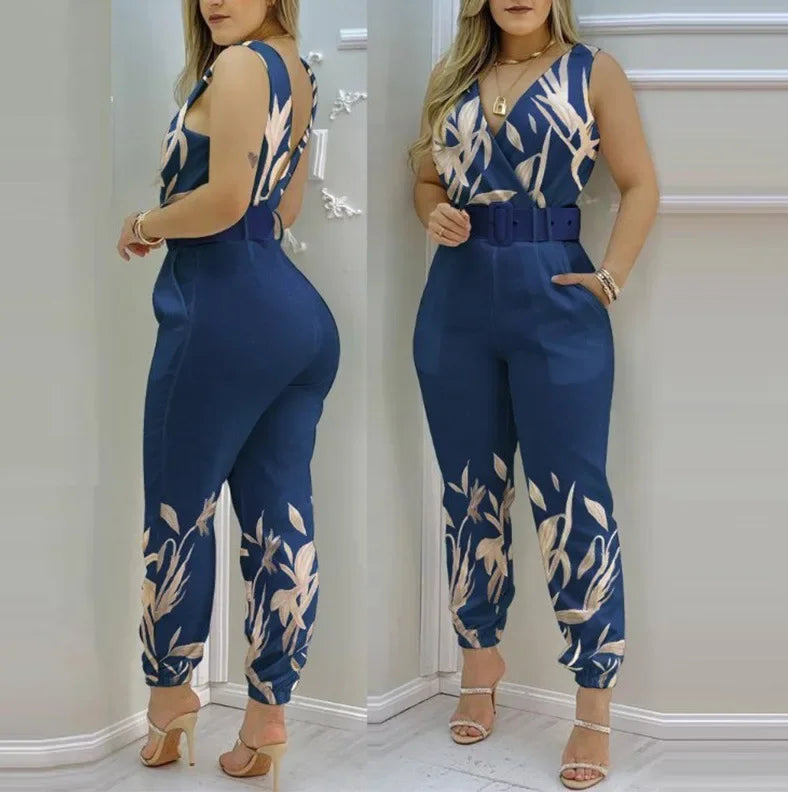 Summer V-Neck Backless Printed High Waist Jumpsuit for Women Sexy Bodysuit Overalls Streetwear Elegant Fit