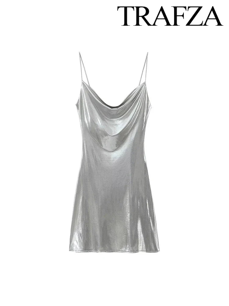 Metallic Glitter Backless Spaghetti Strap Dress For Party