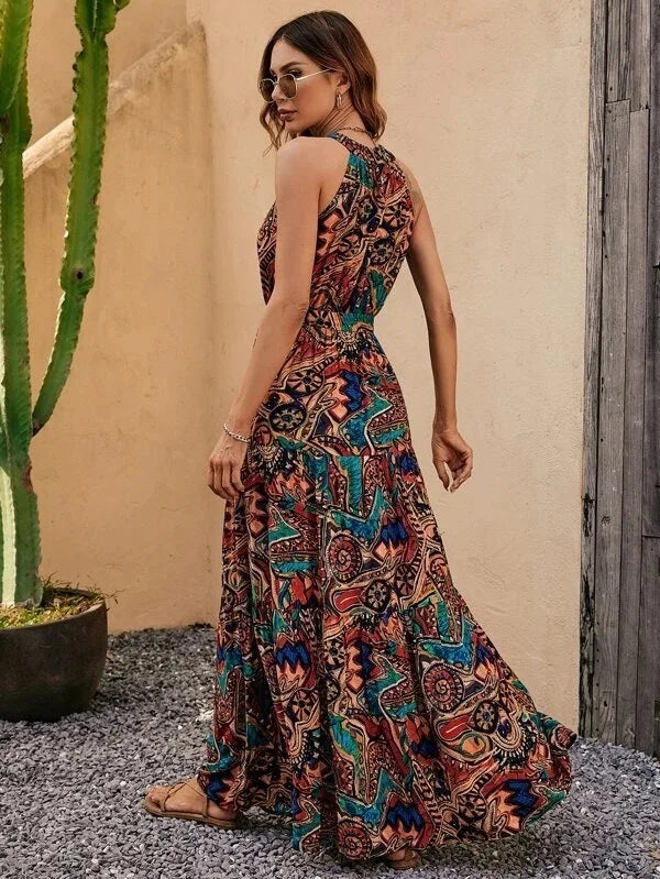 Bohemian Print Maxi Dress Halter Neck Zipper Closure
