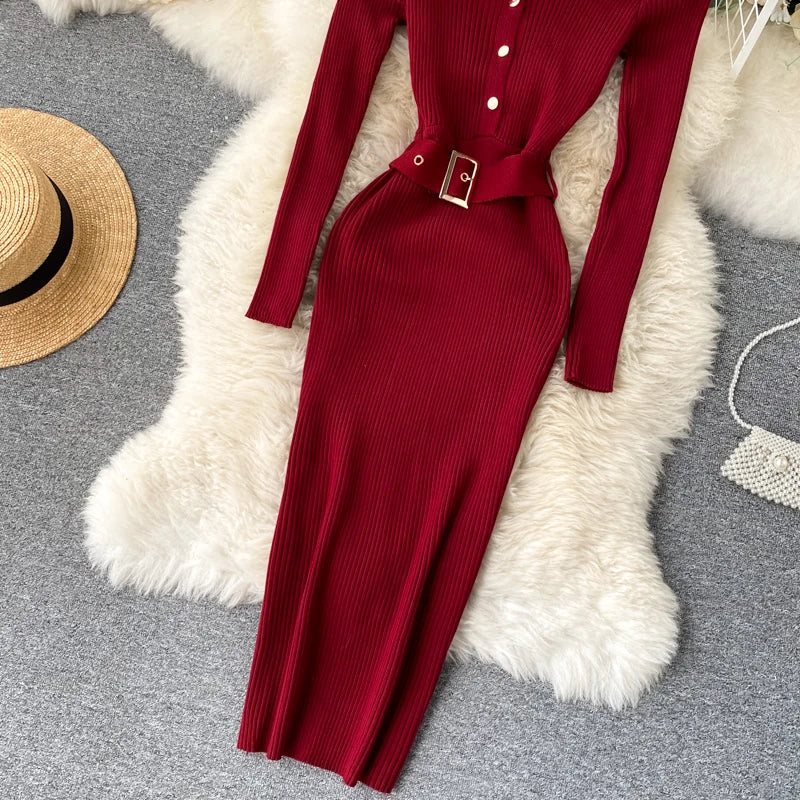 Womens Winter Knitted Dress Stand Collar With Sash Belt