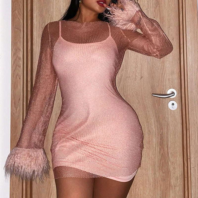 Black Mesh Bodycon Dress Long Sleeve Women Clubwear