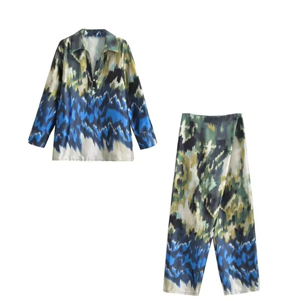 Women's Printed Shirt and Scarf Printed Pants Set for Spring and Summer Fashion