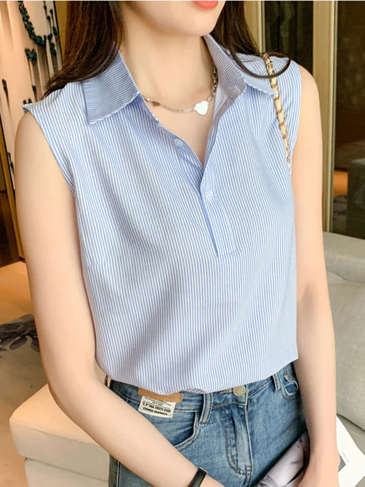 Sleeveless Casual Striped Blouse for Women Lightweight Office Blouse Basic Summer Top with Comfortable Fit