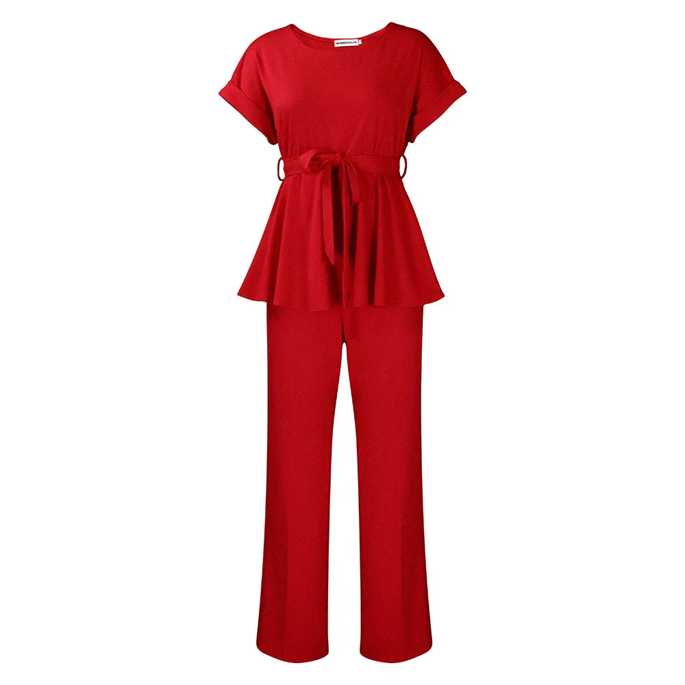 Women's Elegant 2 Piece Pants Set with Solid Blouse Short Sleeve O Neck and Long Trousers