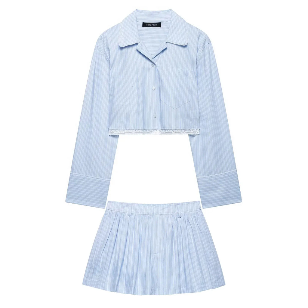 Women's Chic Two-Piece Blue Striped Long Sleeve Shirt and Front Zipper Mini Skirt Set