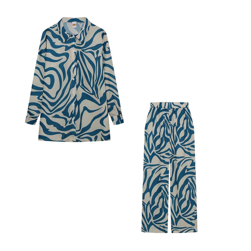 Trendy Print Off Shoulder Shirt and Trouser Set with Long Sleeve Design