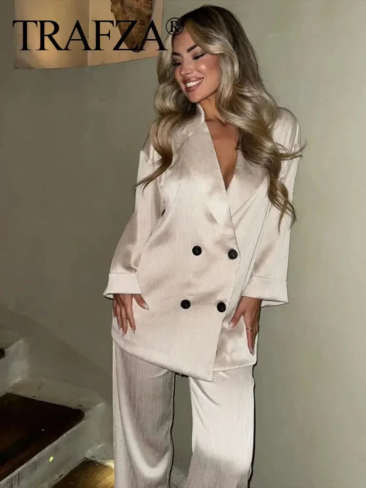 Elegant Women Blazer Pant Suit Set with Wrinkle Effect Double Breasted Long Sleeve Coat and Straight Trouser for Office Wear