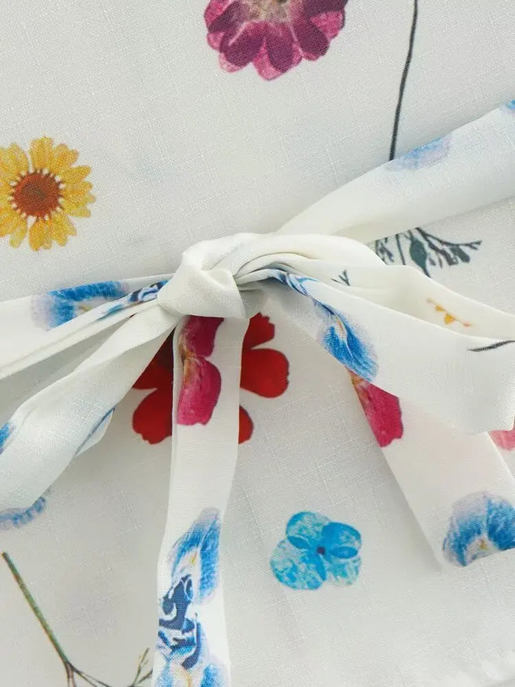 Women's Square Collar Lace-Up Slim Fit Top and Single Breasted A-Line Midi Skirt Two-Piece Set with Feminine Print