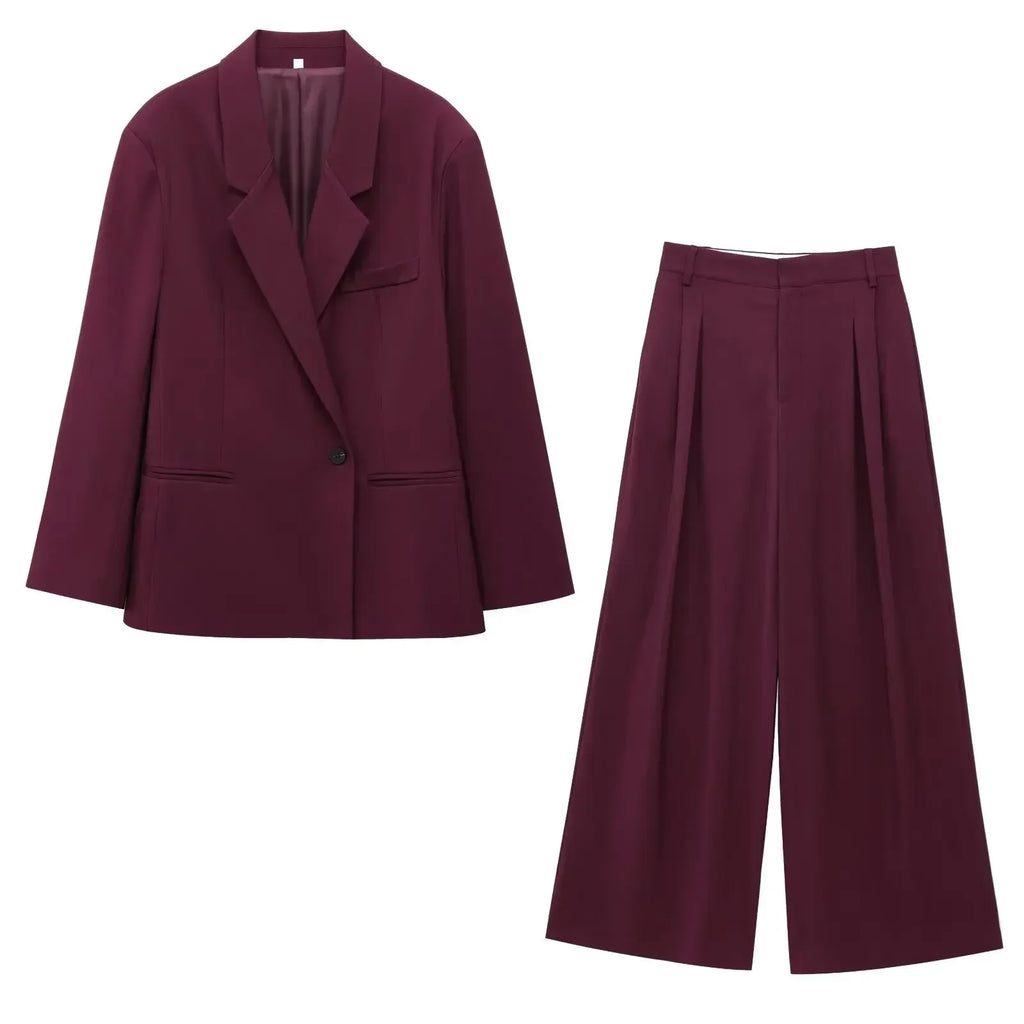 Women's Oversized Suit Jacket and High Waist Wide-Leg Trousers Set with Double-Breasted Top for Spring Fashion