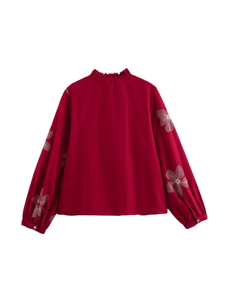 Women's Floral Embroidered Long Sleeve Button-Up Blouse Elegant Chic Shirt Top