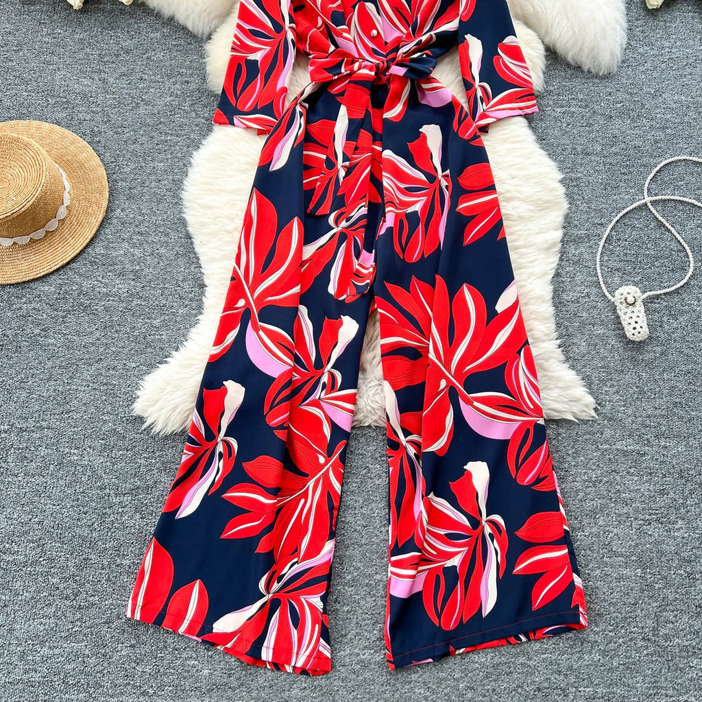 Women's Summer V-Neck Short Sleeve Lace-Up Waist Slim Fit Wide-Leg Printed Jumpsuit with Loose Straight Leg Design