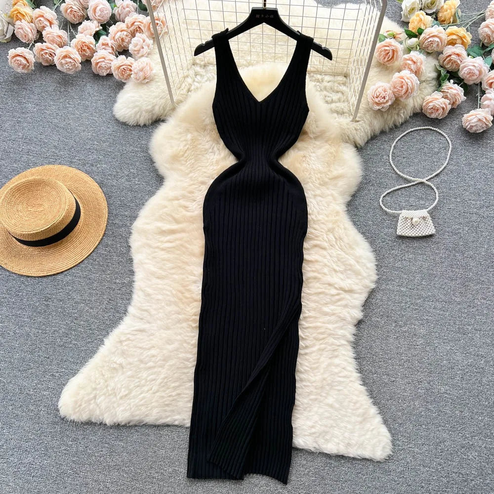 V Neck Knitted Bodycon Dress Solid Casual Elegant Wear